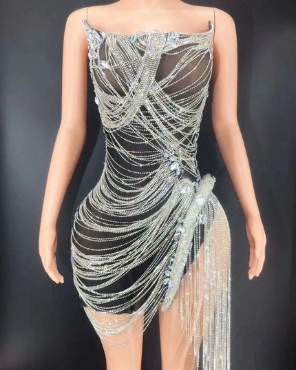 Celestial Elegance Strapless Mini Dress with Dance-Ready Tassels