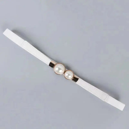Double Pearl Buckle Elastic Waist Belt — Women’s PU Leather, 6 cm Wide