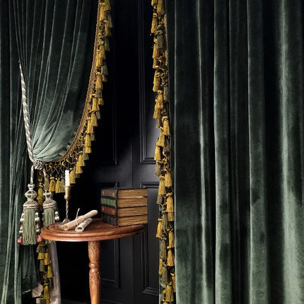 Dark Green Velvet Blackout Curtains with Tassel Trim — Custom Width, 4 Heading Styles | Très Elite