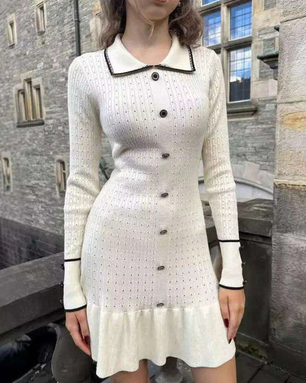 Autumn Elegance: Women's Long Sleeve Knit Dress with Lapel and Ruffled Hem by Mozision