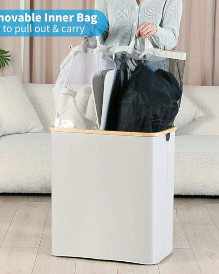 Elegant Bamboo Dual Laundry Sorter with Lid and Removable Bags
