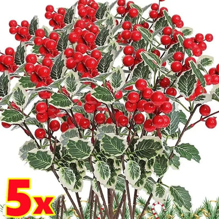 Red Artificial Berry Picks 7 Fork Branch Frosted Green Leaves Holly Berry Branches Flexible Stem Christmas Picks Plastic Berries red-artificial-berry-picks-7-fork-branch-frosted-green-leaves-holly-berry-branches-flexible-stem-christmas-picks-plastic-berries