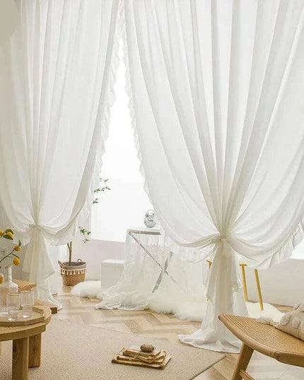 Elegant White Ruffled Lace Sheer Curtains - Sophisticated Semi-Blackout Drapes for Living Room & Bedroom