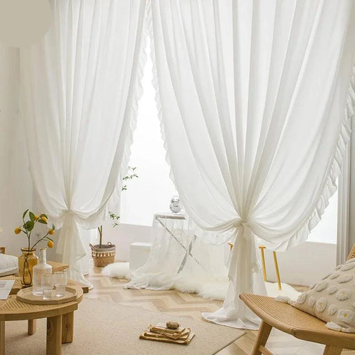 Elegant White Ruffled Lace Sheer Curtains - Sophisticated Semi-Blackout Drapes for Living Room & Bedroom