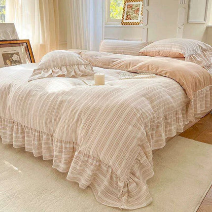 Elegant 4-Piece French Vintage Plaid Cotton Bedding Set with Ruffled Duvet Cover and Bed Skirt
