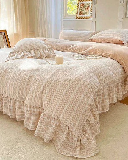 Elegant 4-Piece French Vintage Plaid Cotton Bedding Set with Ruffled Duvet Cover and Bed Skirt