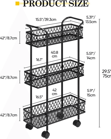 Compact Black 3-Tier Rolling Mesh Organizer Cart for Effortless Storage