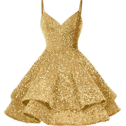 Sparkling Tiered Sequin Spaghetti Strap Short Cocktail Dress for Young Women
