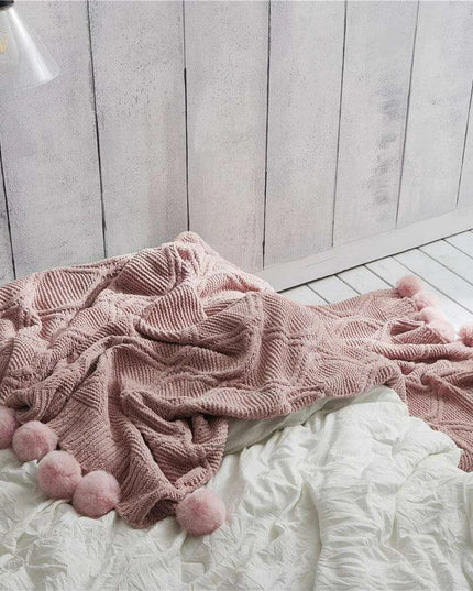 Charming Chenille Knit Throw Blanket with Delightful Pompoms - Cozy Elegance for Your Living Space