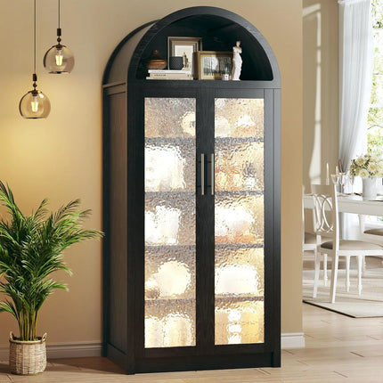 71" Tall Arched Cabinet with LED Lights | Glass Door Pantry Storage Cabinet