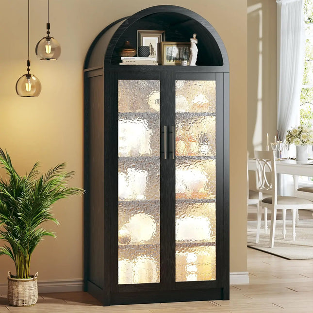71" Tall Arched Cabinet with LED Lights | Glass Door Pantry Storage Cabinet