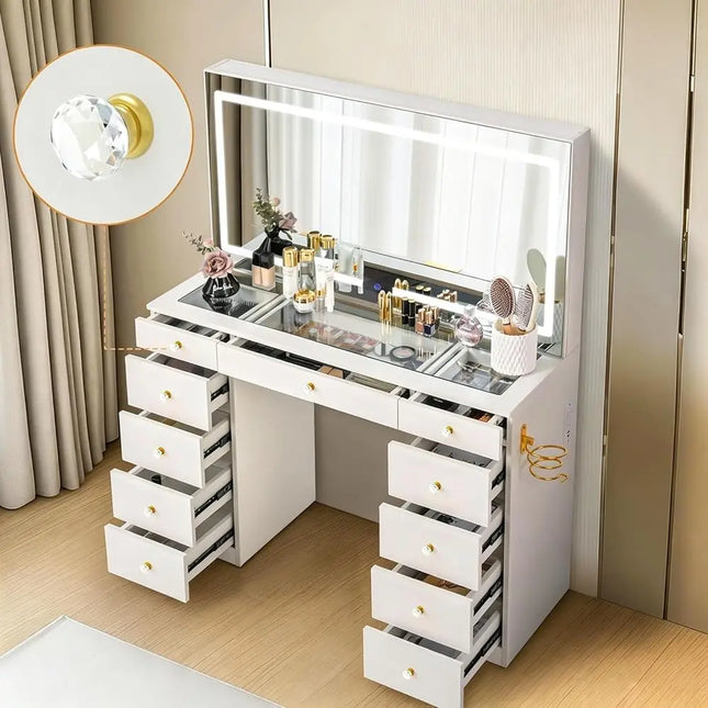 Glass Top Makeup Vanity Desk with 11 Drawers | LED Mirror & 3 Lighting Modes | Built-In Power Outlets