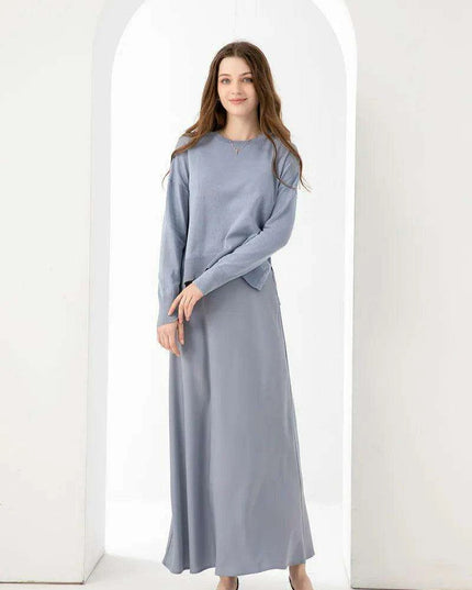 Elegant Spring Summer Outfit: Loose Knitted Top & Matte Satin Skirt Set