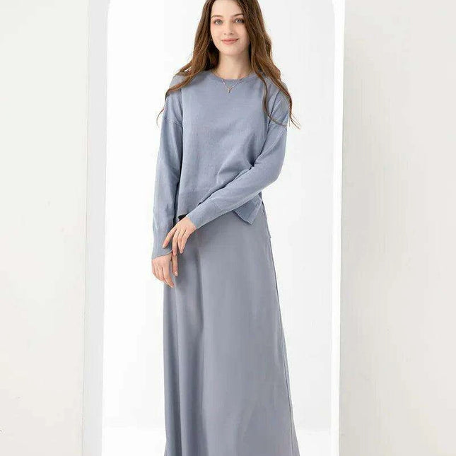 Elegant Spring Summer Outfit: Loose Knitted Top & Matte Satin Skirt Set