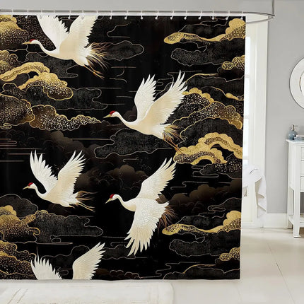 Japanese Crane Shower Curtain Oriental Golden Crane and Cloud Art Waterproof Polyester