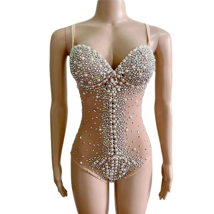 Sultry Black Nude Rhinestones Pearl Bodysuit: Command the Stage