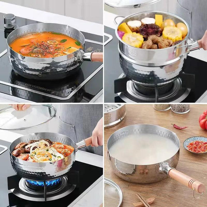 Japanese Stainless Steel Snow Pan with Ergonomic Wooden Handle and Lid - Perfect for Stewing, Frying, and Milk Heating