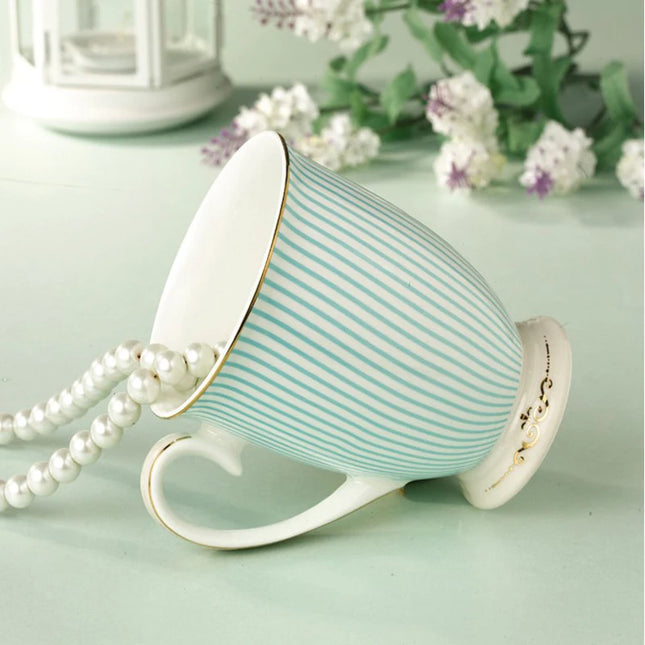Bone China Tea Cup with Gold Accents — Blue Stripe Porcelain