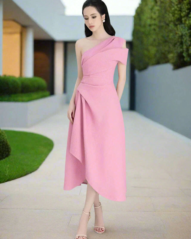 Asymmetrical Evening Dress with Diagonal Collar and Pleated Waist