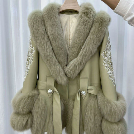 Luxurious V-neck Fox Fur and Sheepskin Winter Coat