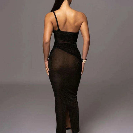 Sophisticated Off-Shoulder Backless Maxi Dress with Eye-Catching Side Split for Women's Formal Events