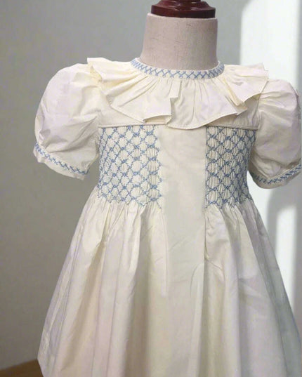 Elegant Handcrafted Cotton Dress for Girls with Lotus Leaf Collar and Adorable Puff Sleeves for Special Celebrations