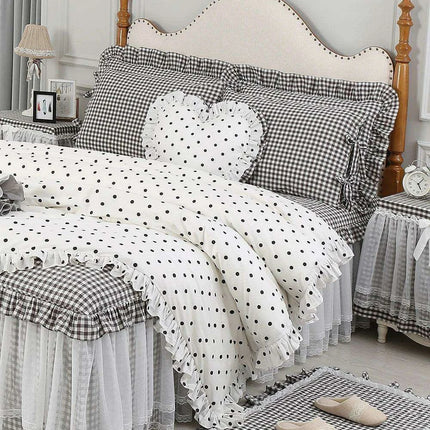 Polka Dot Cotton Luxurious 4-Piece Set with Ruffled Duvet Cover and Coordinated Bed Skirt