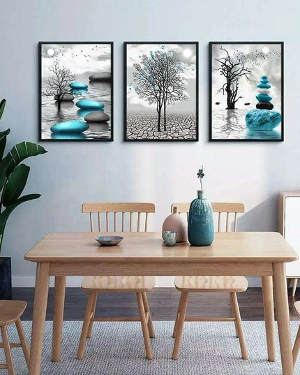 Elegant Blue Abstract Canvas Art Trio with Sleek Black Frames - 3-Piece Set, 20x28 inches Each