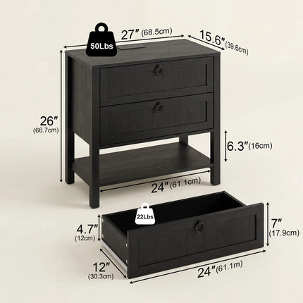 CHYANMOO Nightstand with USB Ports & AC Outlets - 2-Drawer Wooden Tabl