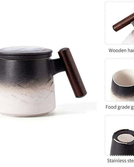Elegant Vintage Ceramic Tea Mug Collection with Wooden Handle and Infuser Tray