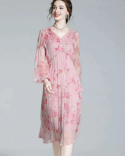 Chic V-Neck Puff Sleeve Mulberry Silk Dress with French Floral Print
