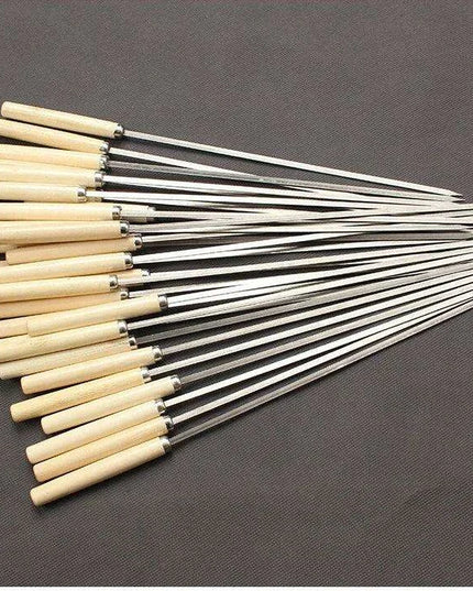 Stainless Steel BBQ Skewers with Ergonomic Wooden Handles for Perfect Grilling