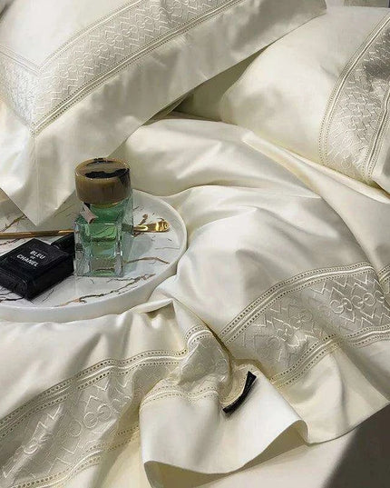 Luxurious 1000TC Egyptian Cotton Embroidered Bed Linen Set - Includes Duvet Cover, Sheet & Pillowcases for King & Queen Sizes