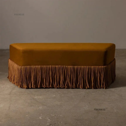 Velvet Ottoman Footstool — Upholstered Fringe Bench & Shoe Stool
