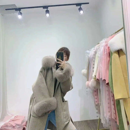 Elegant Women's Wool Blend Winter Coat with Fox Fur Trim and Cashmere Lining