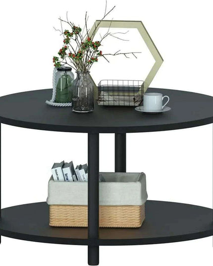Sleek Round Black Wood Coffee Table with Multi-Level Storage - Durable Metal Legs for Home and Office