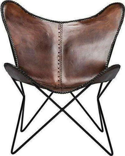 Retro Brown Leather Butterfly Chair with Sturdy Iron Frame for Stylish Comfort