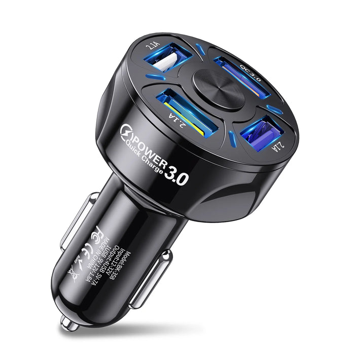 Efficient 4-Port Car Charger for iPhone, Xiaomi, Huawei - Fast Charging Solution on the Move