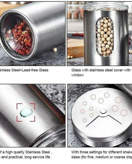 Stylish Rotating Glass Spice Dispenser Set with Stainless Steel Lids - Trio of Seasoning Jars