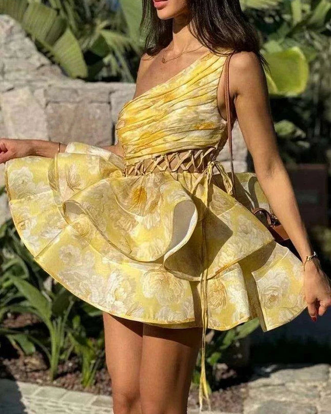 Chic Asymmetrical High-Waist Mini Dress with Statement Diagonal Collar for Fashion-Forward Women