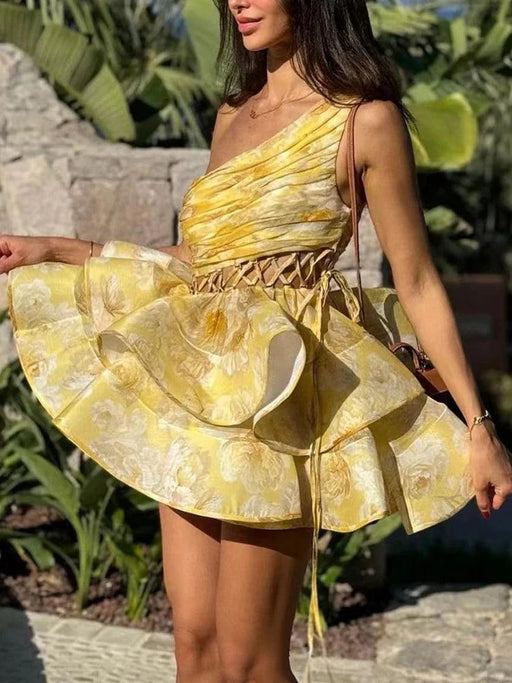 Chic Asymmetrical High-Waist Mini Dress with Statement Diagonal Collar for Fashion-Forward Women