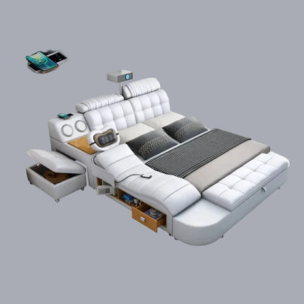 Leather Smart Bed with Built-In Massage, Overhead Projector & Underbed Storage