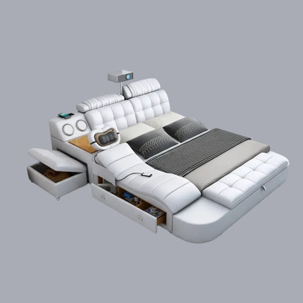Leather Smart Bed with Built-In Massage, Overhead Projector & Underbed Storage