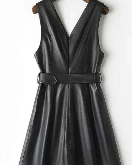 Chic Customizable Black Faux Leather Midi Dress with Pockets for Women - Perfect Bodycon Clubwear