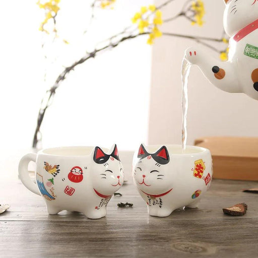 Enchanting Japanese Plutus Cat Porcelain Tea Set with Maneki Neko Teapot and Infuser