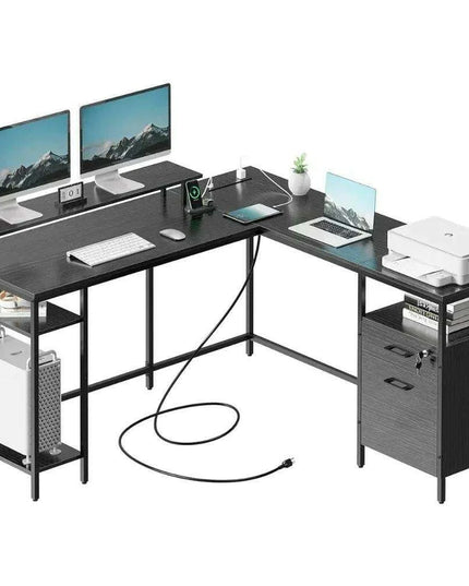 Modern Black L-Shaped Office Desk with Integrated Power Outlets
