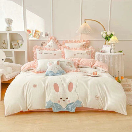 Charming Rabbit Applique Washed Cotton Bedding Set for Girls