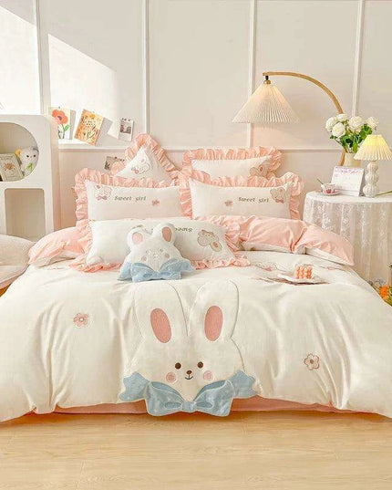 Charming Rabbit Applique Washed Cotton Bedding Set for Girls