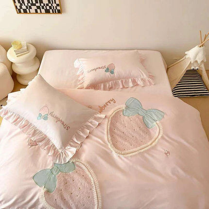 Charming Pink 1000TC Egyptian Cotton Strawberry Embroidery Bedding Set with Duvet Cover, Bed Sheet, and Pillowcases - Available in 4/5 Piece Variants