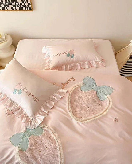 Charming Pink 1000TC Egyptian Cotton Strawberry Embroidery Bedding Set with Duvet Cover, Bed Sheet, and Pillowcases - Available in 4/5 Piece Variants